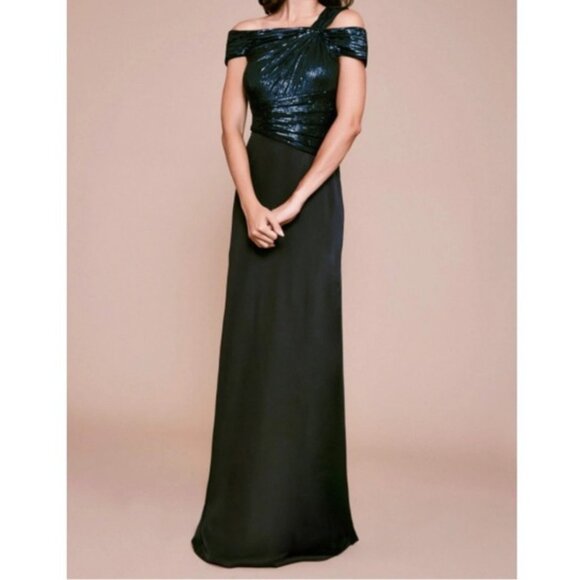 Tadashi Shoji Vesta Sequin Off Shoulder Evening Gown Dress Navy Blue Size 16 - Picture 3 of 13